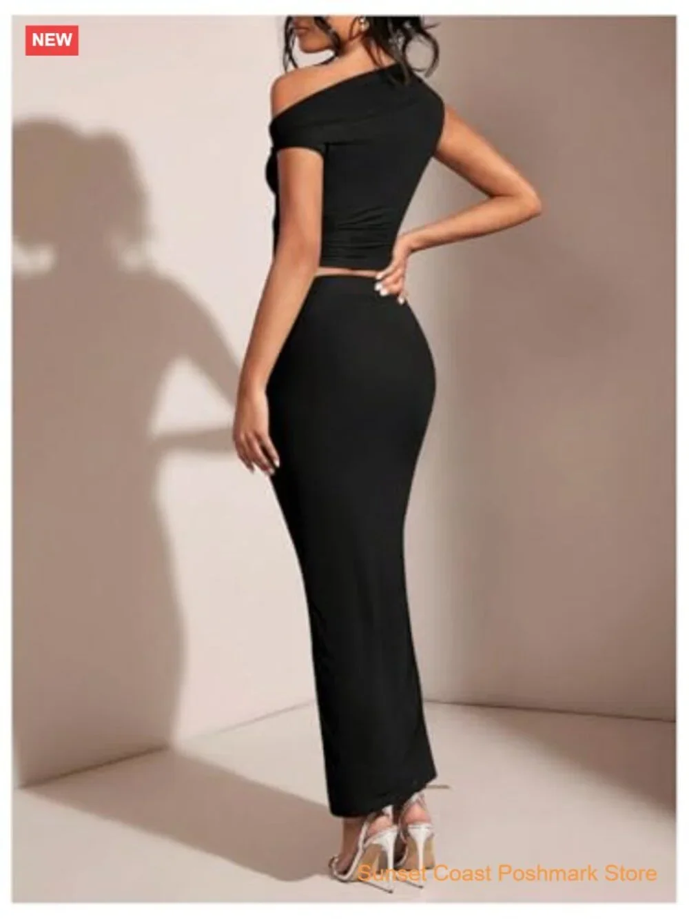 Women's Solid Asymmetrical Neck One Shoulder Bodycon Maxi Skirt Set - Picture 2 of 6